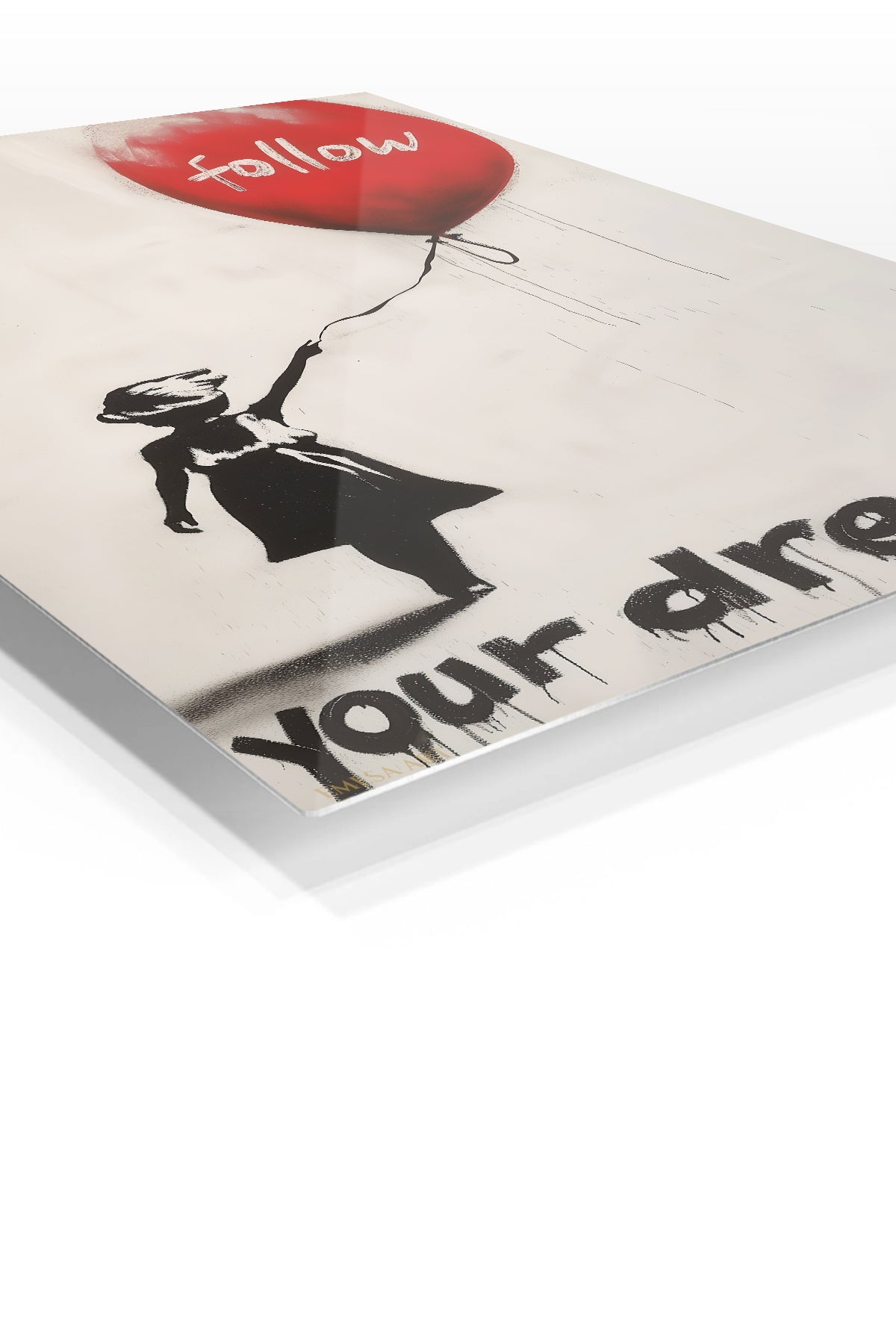 Follow Your Dreams Balloon Girl premium metal wall art – angled view