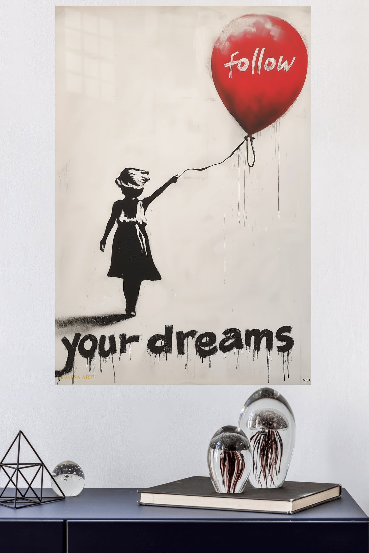 Follow Your Dreams Balloon Girl metal wall art displayed in a modern interior