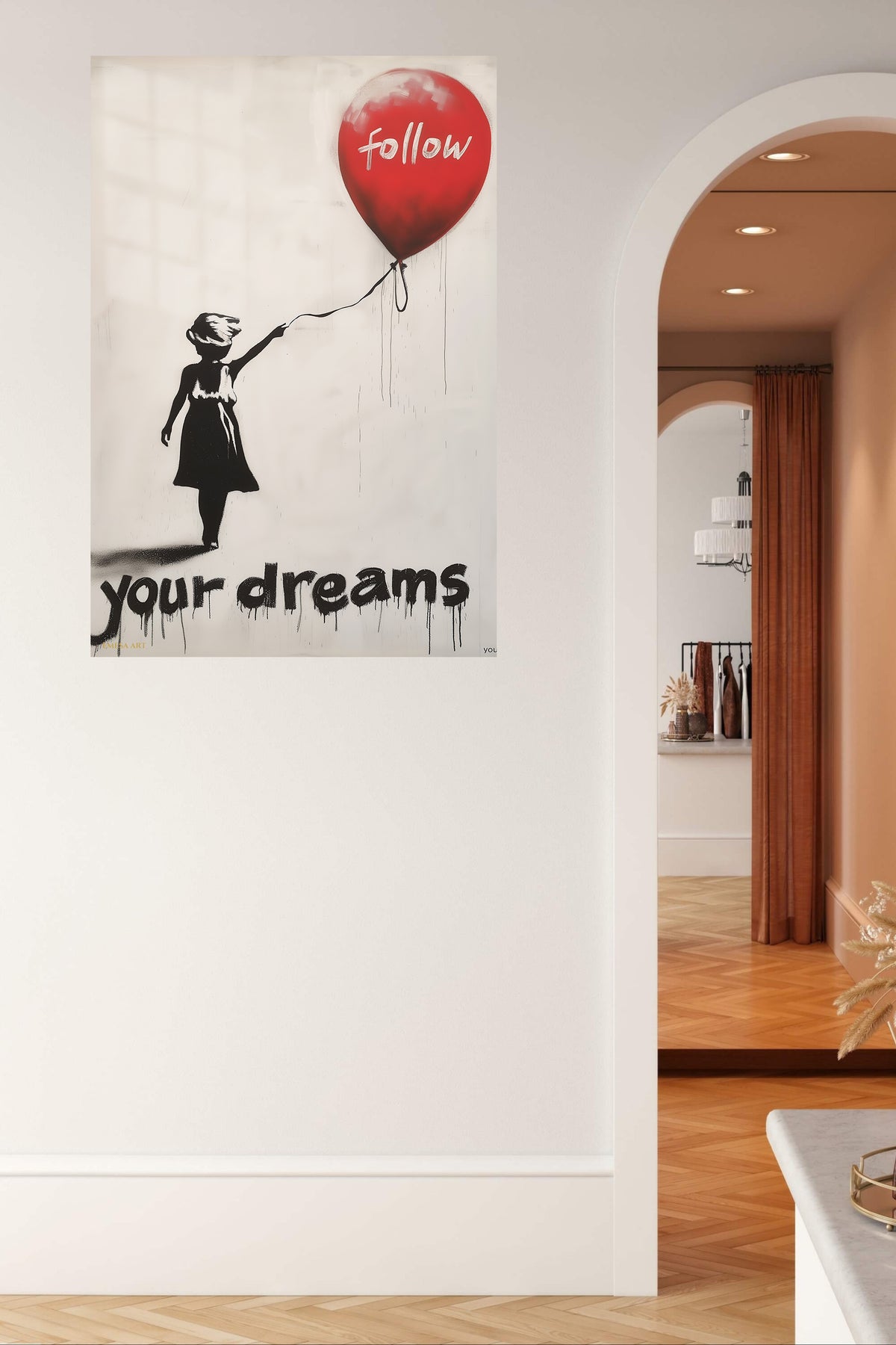 Follow Your Dreams Balloon Girl metal wall art displayed in a contemporary living space