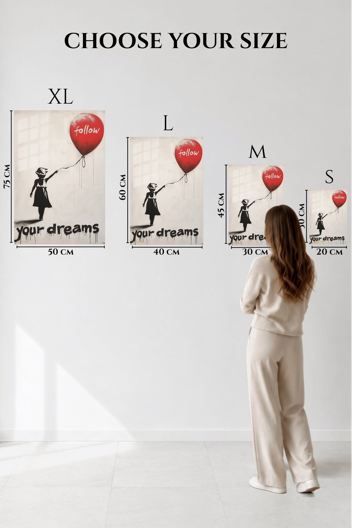 EMESA metal wall art size comparison guide for Follow Your Dreams Balloon Girl