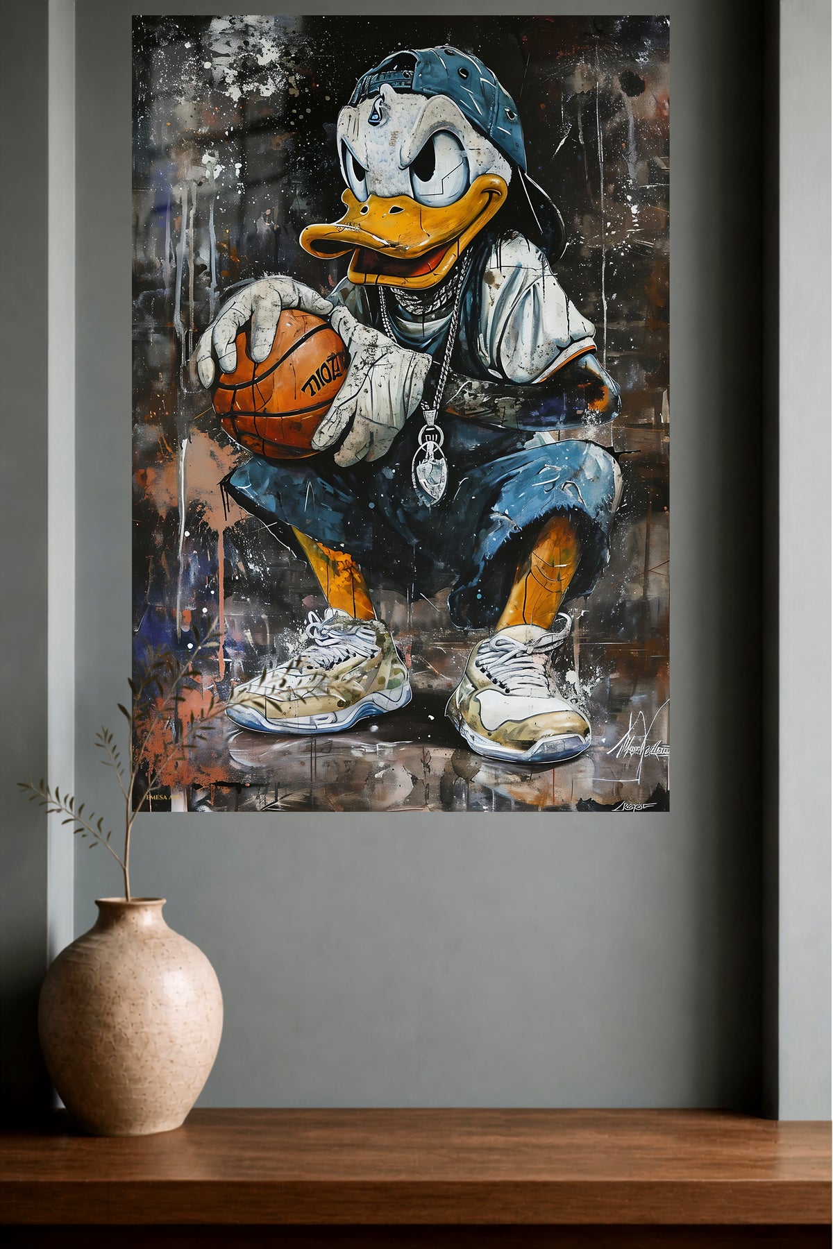 Street Basketball Duck metal wall art displayed in a modern interior