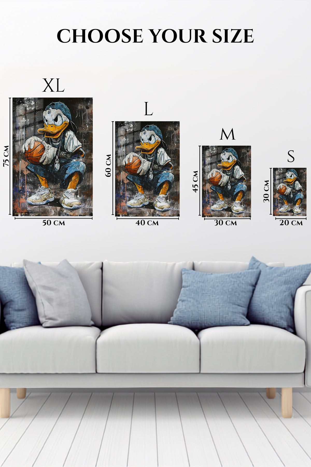 EMESA metal wall art size comparison guide for Street Basketball Duck