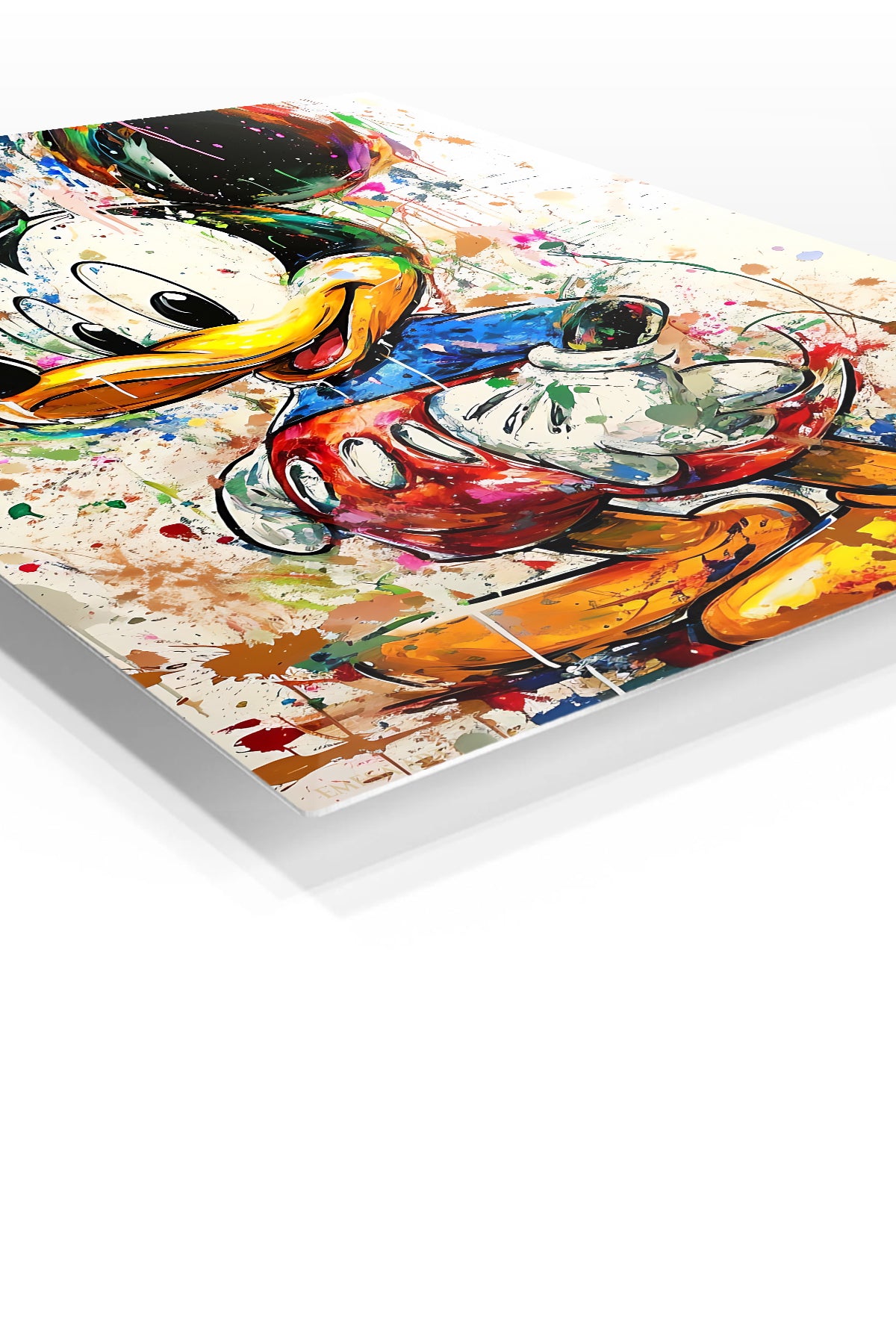 Color Splash Cartoon Duck premium metal wall art – angled view