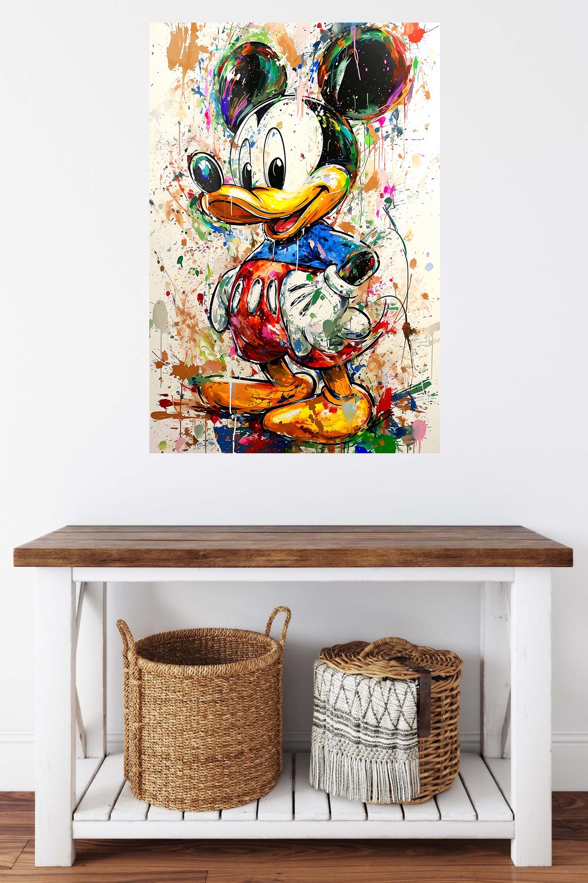 Color Splash Cartoon Duck metal wall art displayed in a contemporary living space