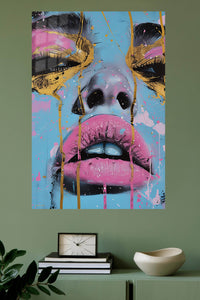 Surreal Pig Face Portrait metal wall art displayed in a modern interior