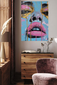 Surreal Pig Face Portrait metal wall art displayed in a contemporary living space