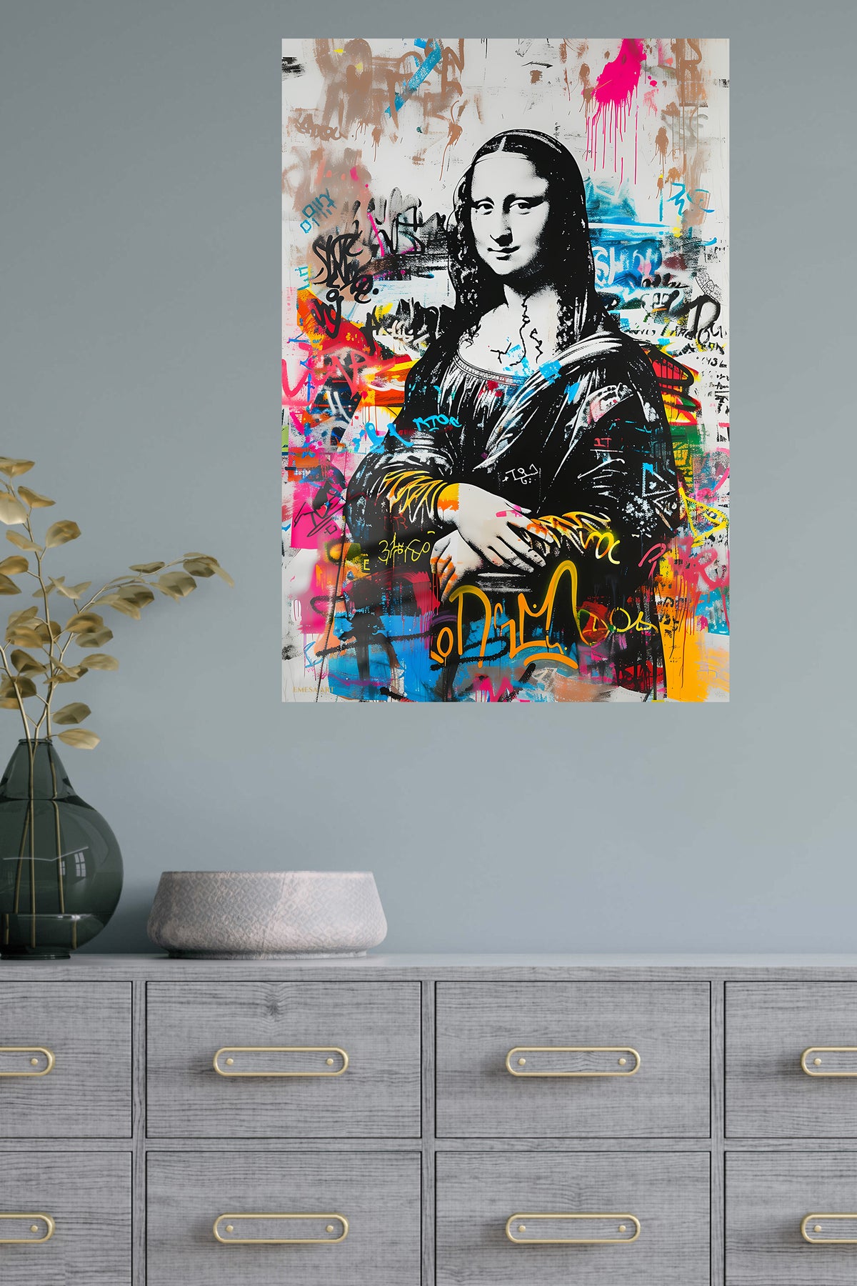 Graffiti Renaissance Portrait metal wall art displayed in a modern interior