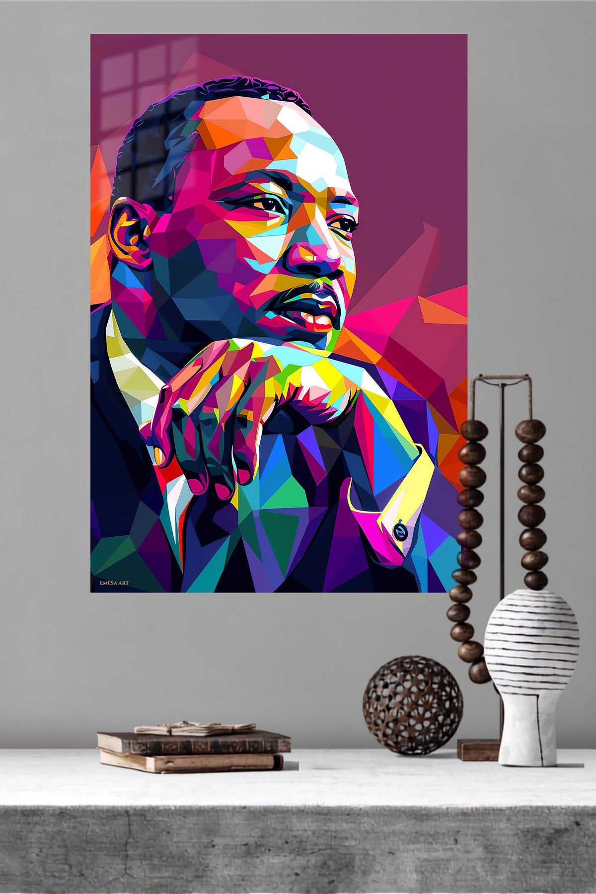 Geometric Visionary Portrait metal wall art displayed in a modern interior