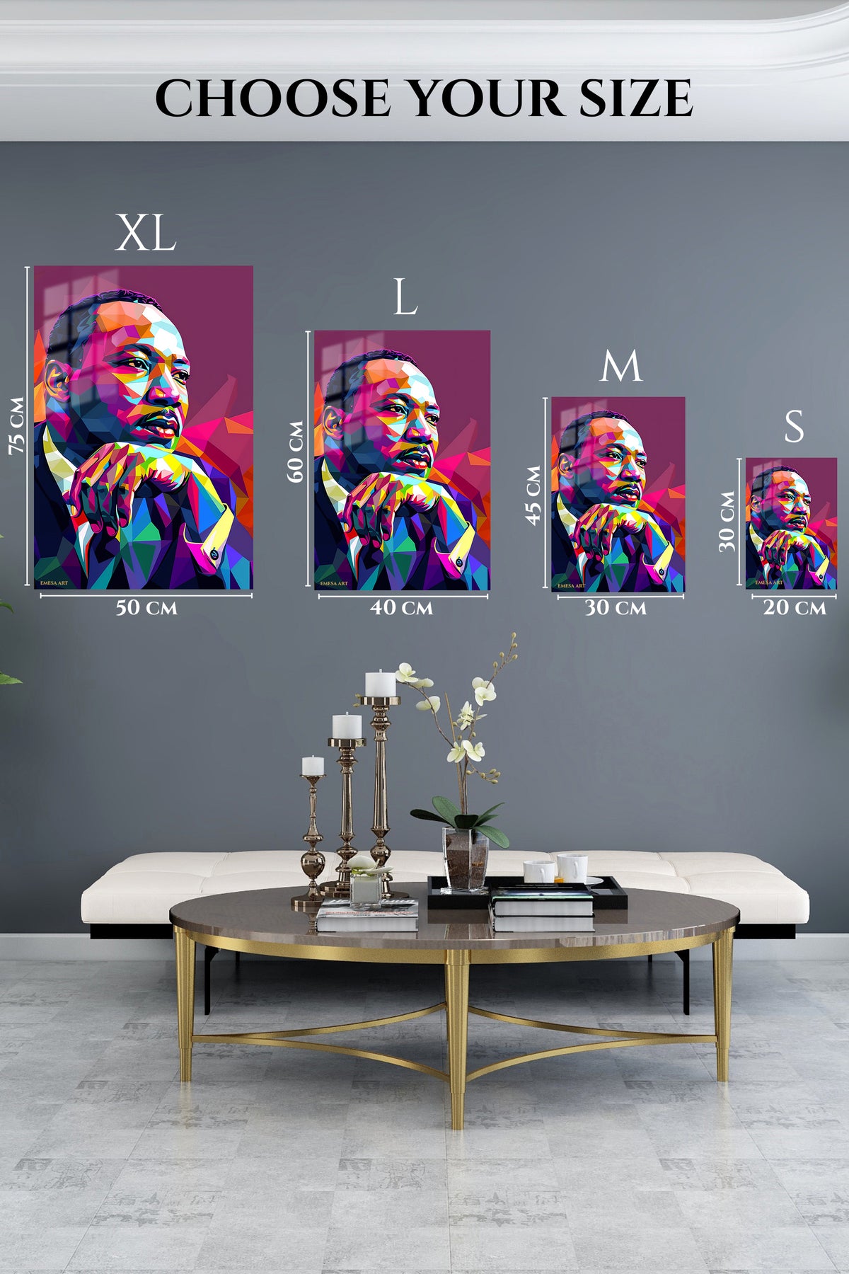 EMESA metal wall art size comparison guide for Geometric Visionary Portrait