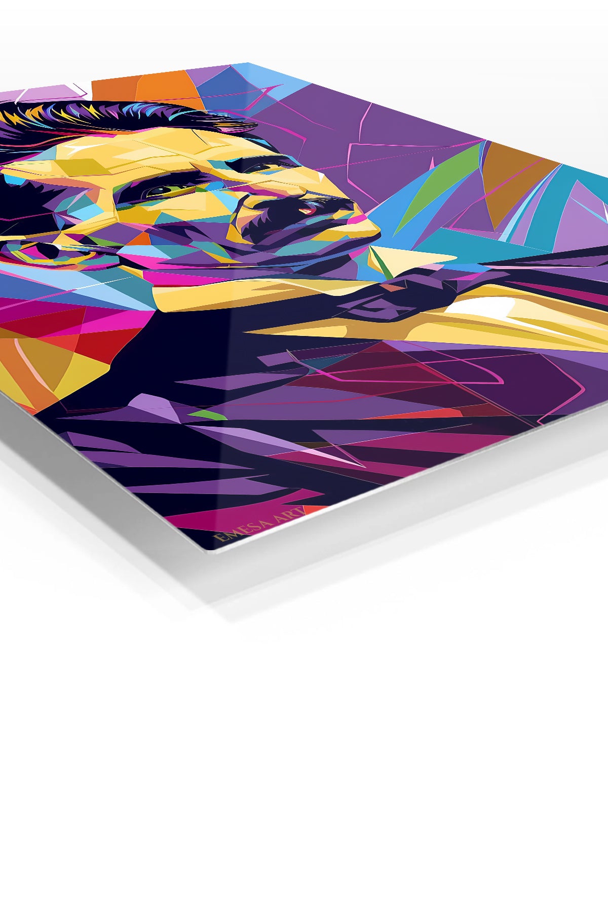 Geometric Inventor Portrait premium metal wall art – angled view