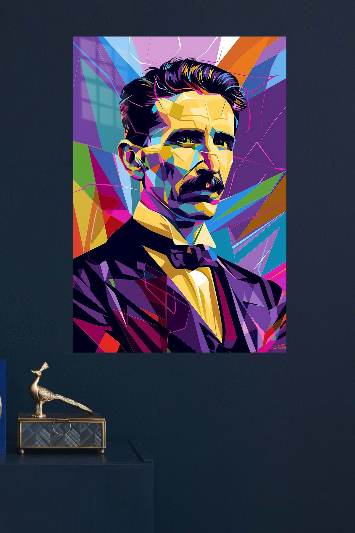 Geometric Inventor Portrait metal wall art displayed in a modern interior