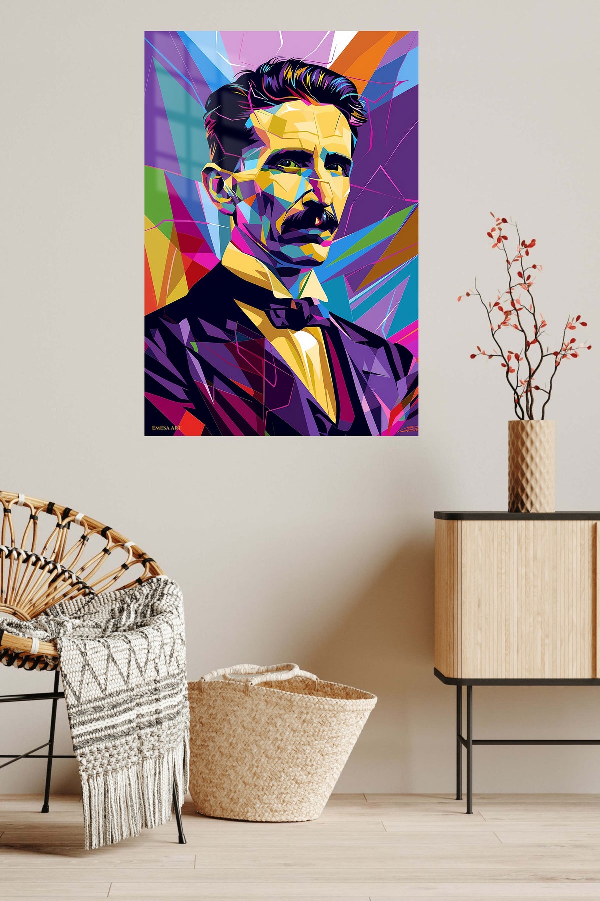 Geometric Inventor Portrait metal wall art displayed in a contemporary living space