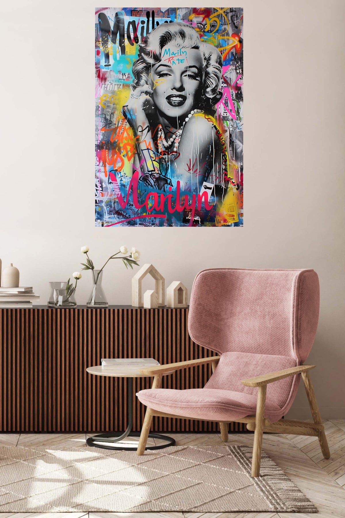 Graffiti Glamour Portrait metal wall art displayed in a contemporary living space
