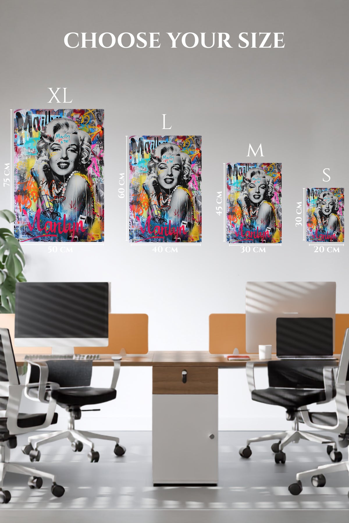 EMESA metal wall art size comparison guide for Graffiti Glamour Portrait