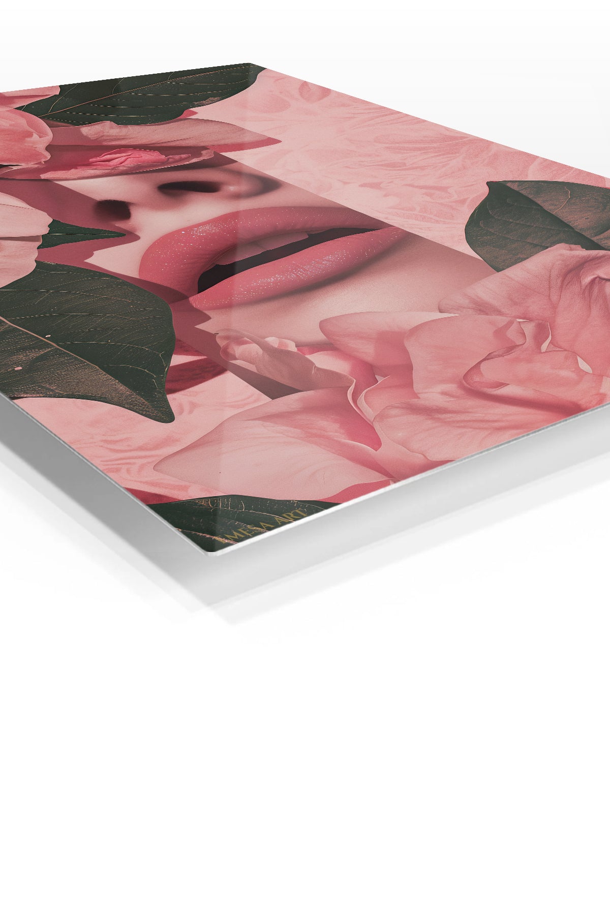 Pink Floral Lips Portrait premium metal wall art – angled view