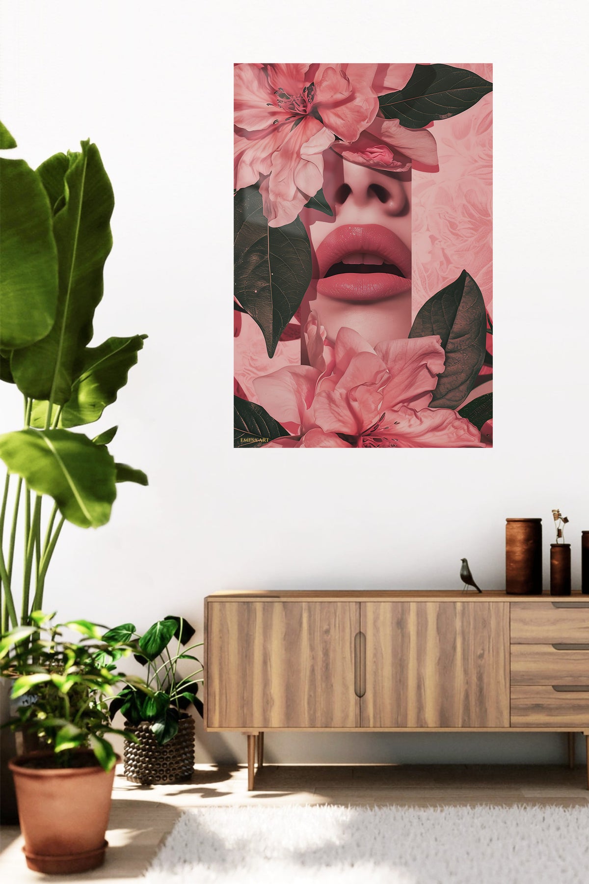 Pink Floral Lips Portrait metal wall art displayed in a contemporary living space