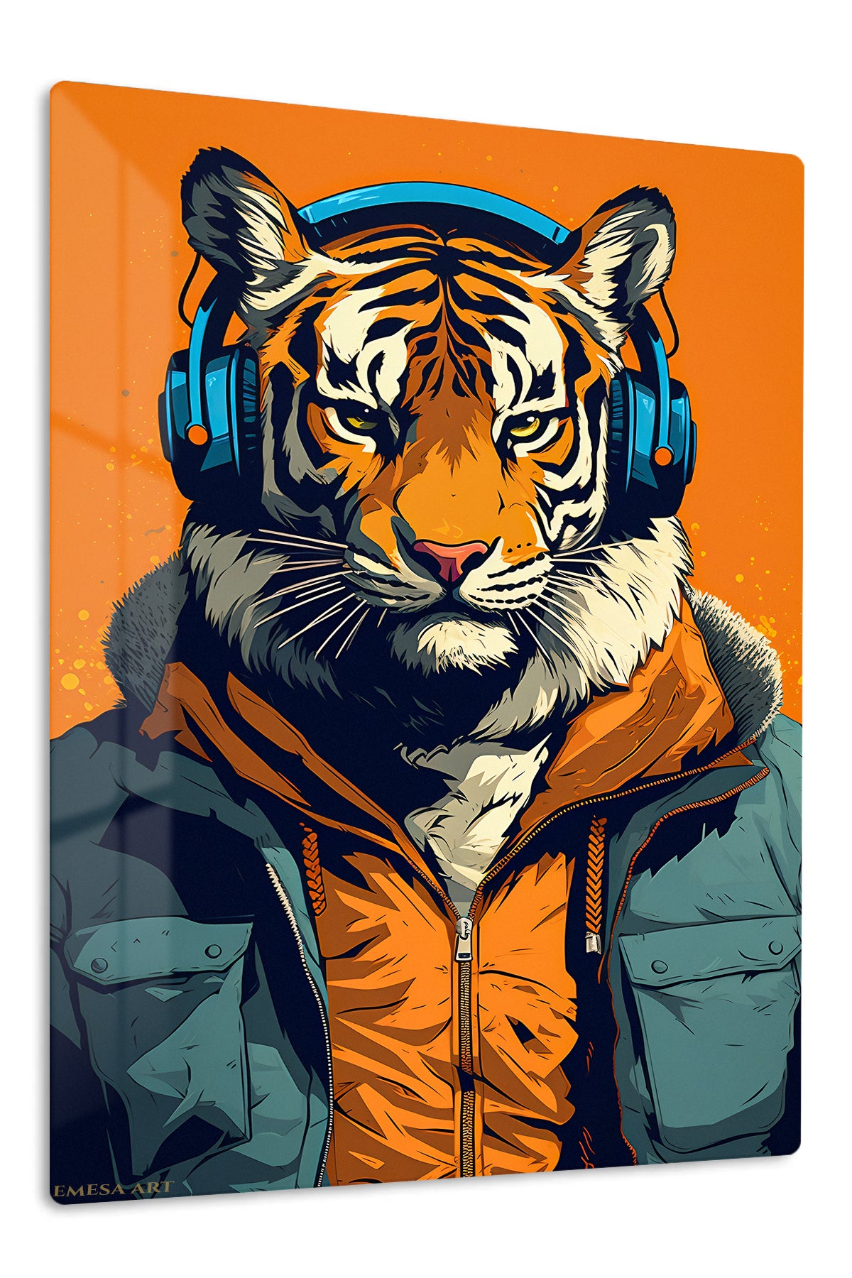 Tiger Headphones Street Portrait premium metal wall art – front view
