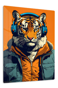 Tiger Headphones Street Portrait premium metal wall art – front view