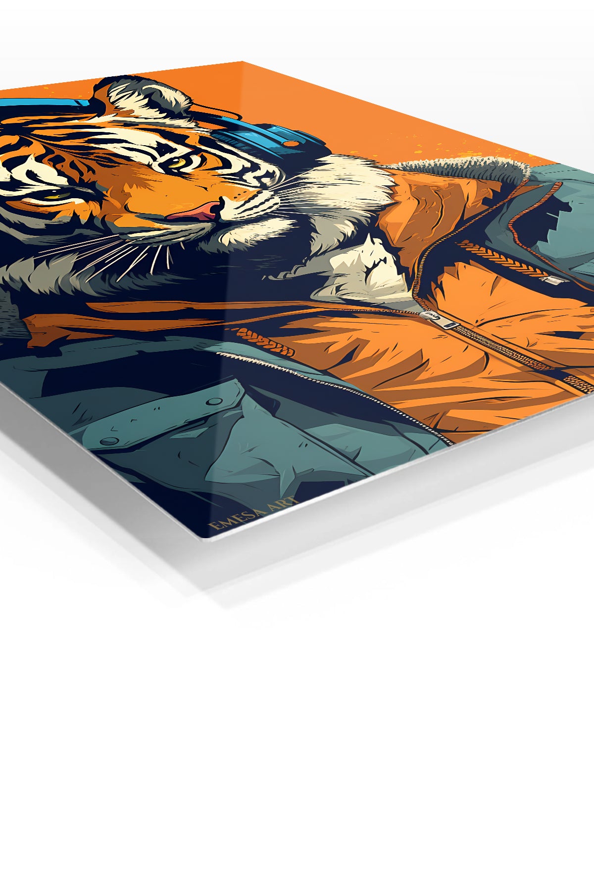 Tiger Headphones Street Portrait premium metal wall art – angled view