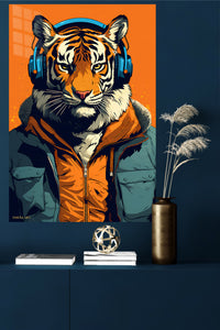Tiger Headphones Street Portrait metal wall art displayed in a modern interior