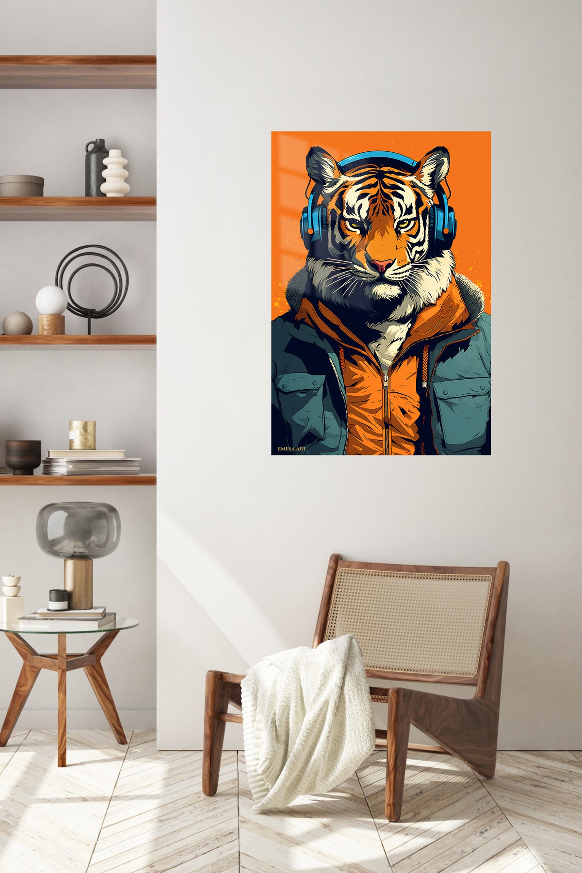 Tiger Headphones Street Portrait metal wall art displayed in a contemporary living space