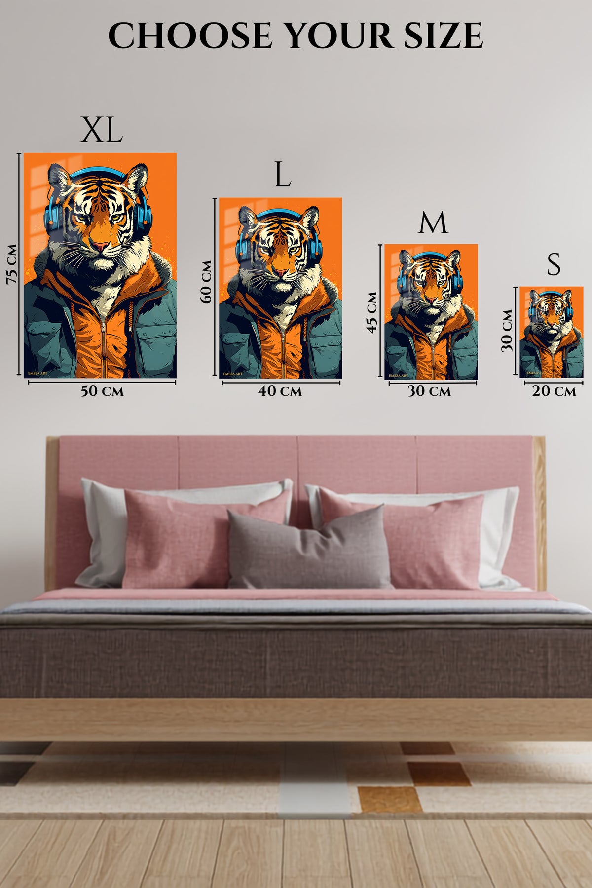 EMESA metal wall art size comparison guide for Tiger Headphones Street Portrait