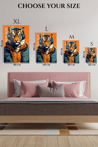 EMESA metal wall art size comparison guide for Tiger Headphones Street Portrait