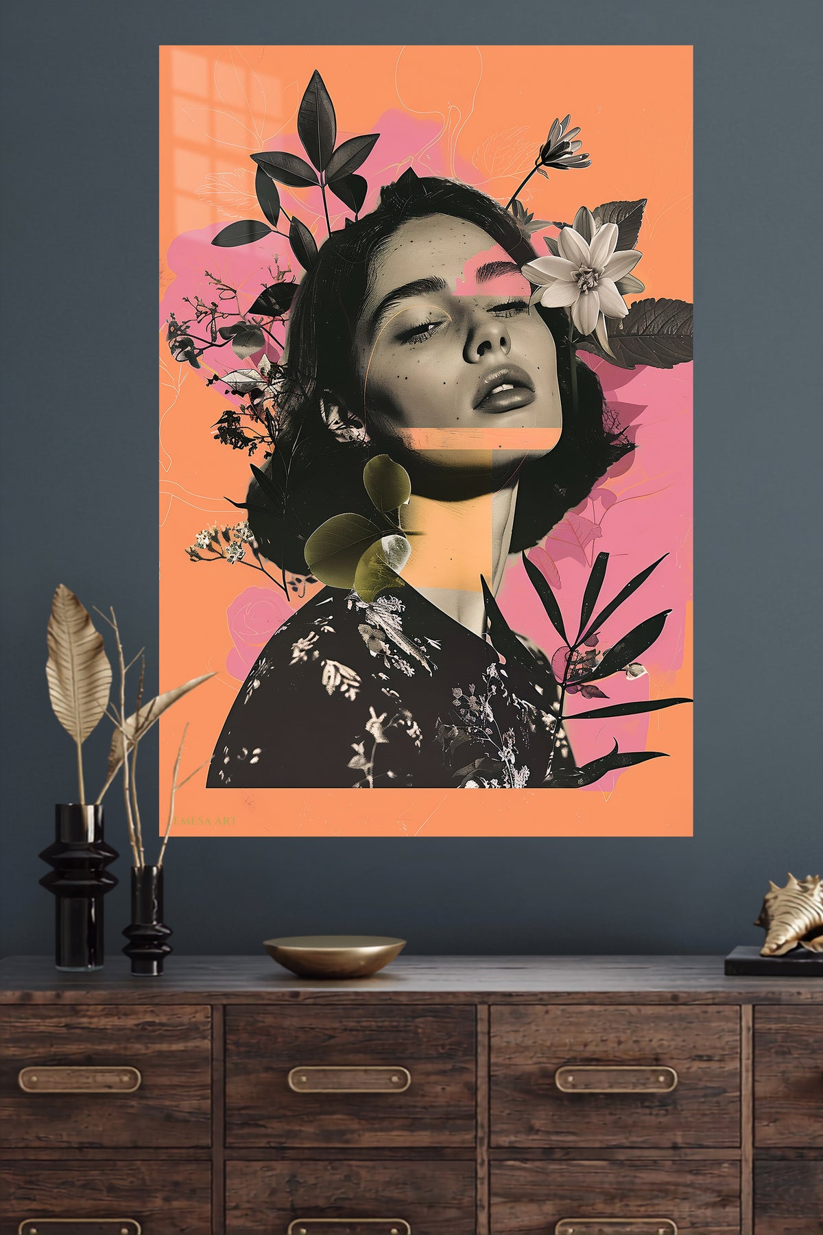 Botanical Dreamer Portrait metal wall art displayed in a modern interior