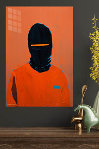 Orange Masked Figure metal wall art displayed in a modern interior