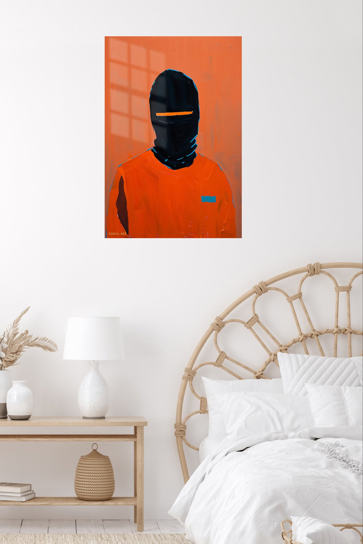 Orange Masked Figure metal wall art displayed in a contemporary living space