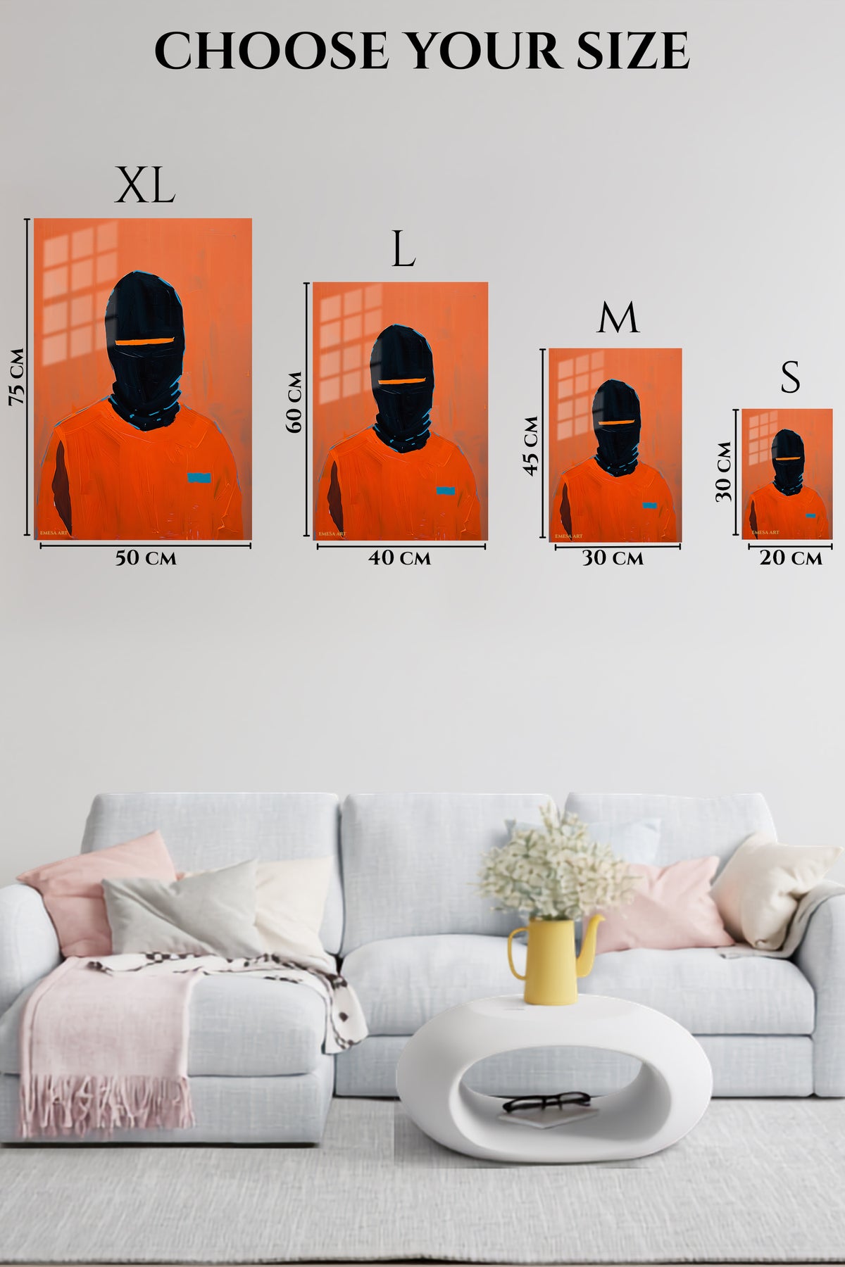 EMESA metal wall art size comparison guide for Orange Masked Figure