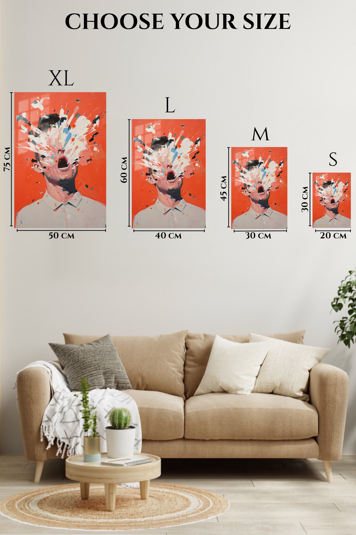 EMESA metal wall art size comparison guide for Explosive Expression Portrait