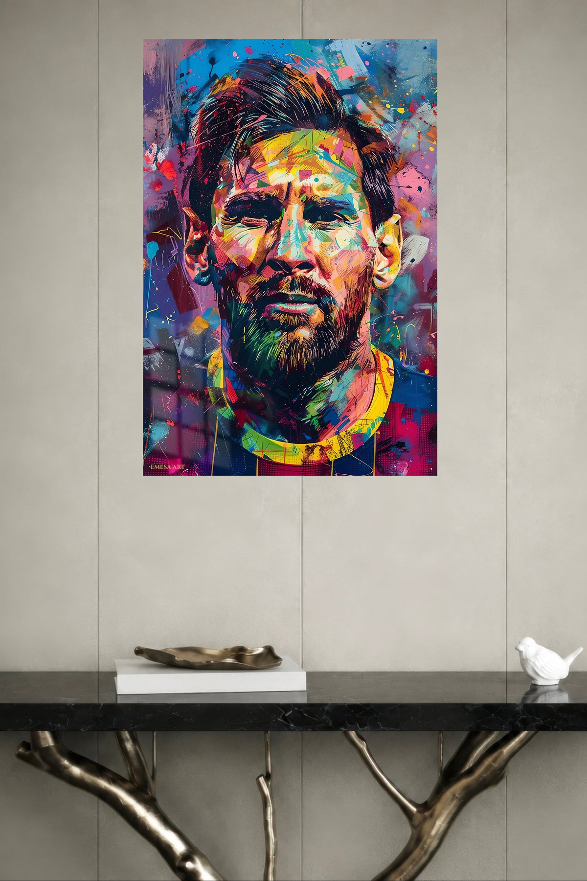 Color Burst Football Portrait metal wall art displayed in a modern interior