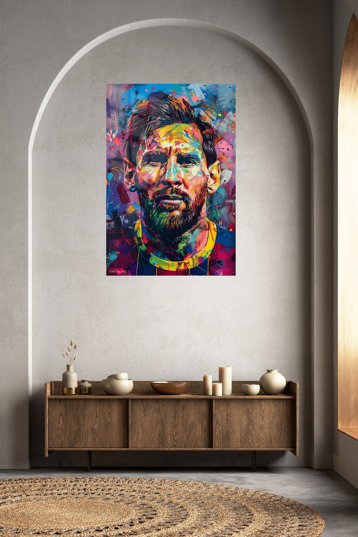 Color Burst Football Portrait metal wall art displayed in a contemporary living space