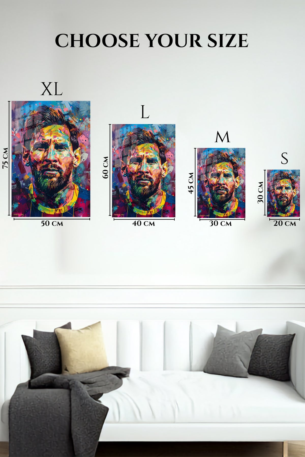 EMESA metal wall art size comparison guide for Color Burst Football Portrait