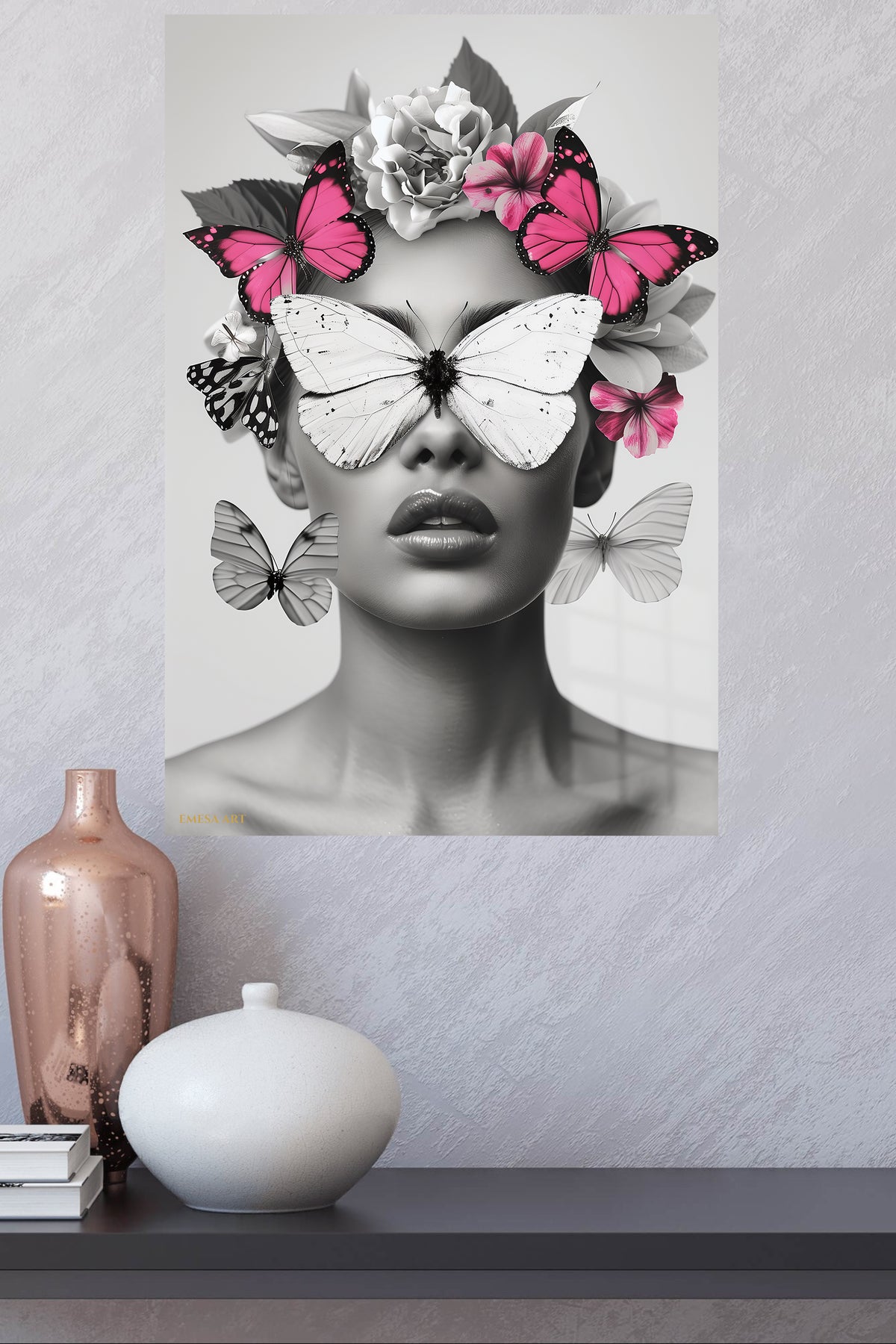 Butterfly Floral Vision Portrait metal wall art displayed in a modern interior