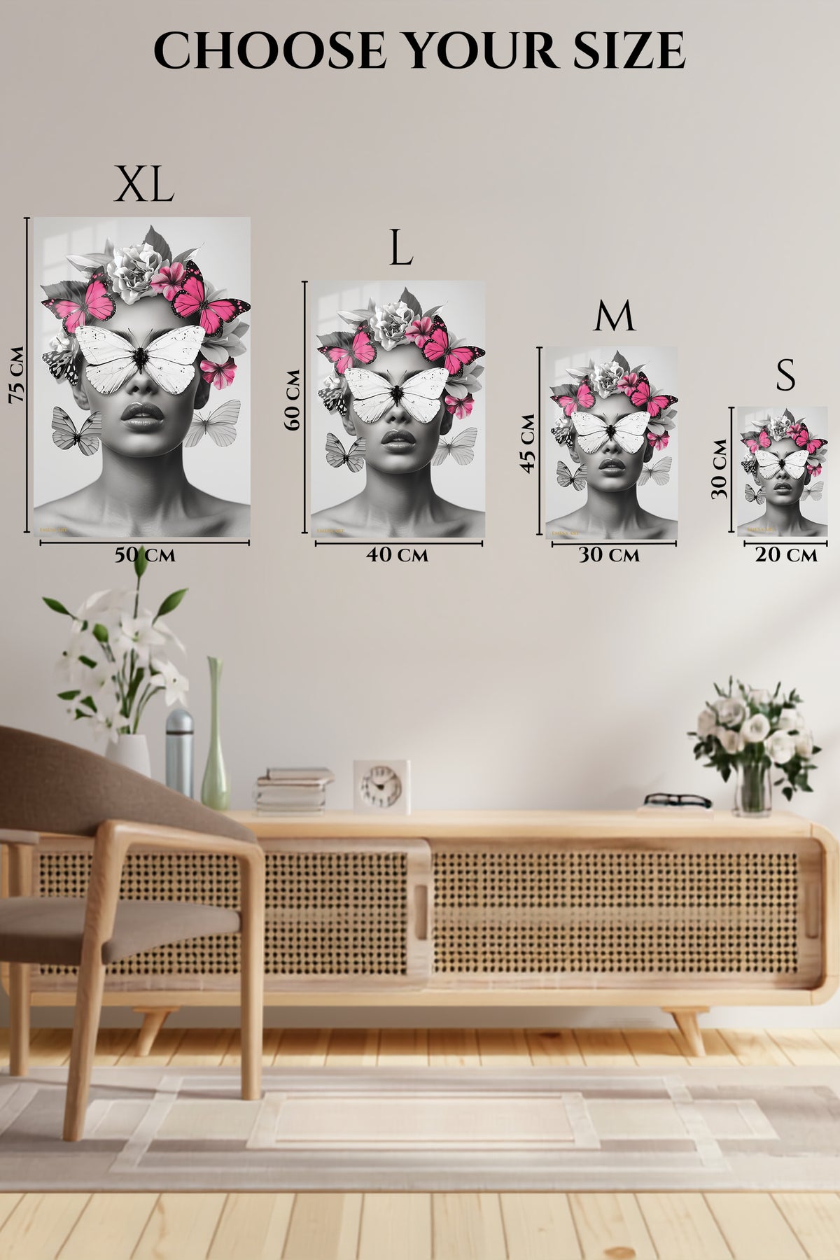EMESA metal wall art size comparison guide for Butterfly Floral Vision Portrait