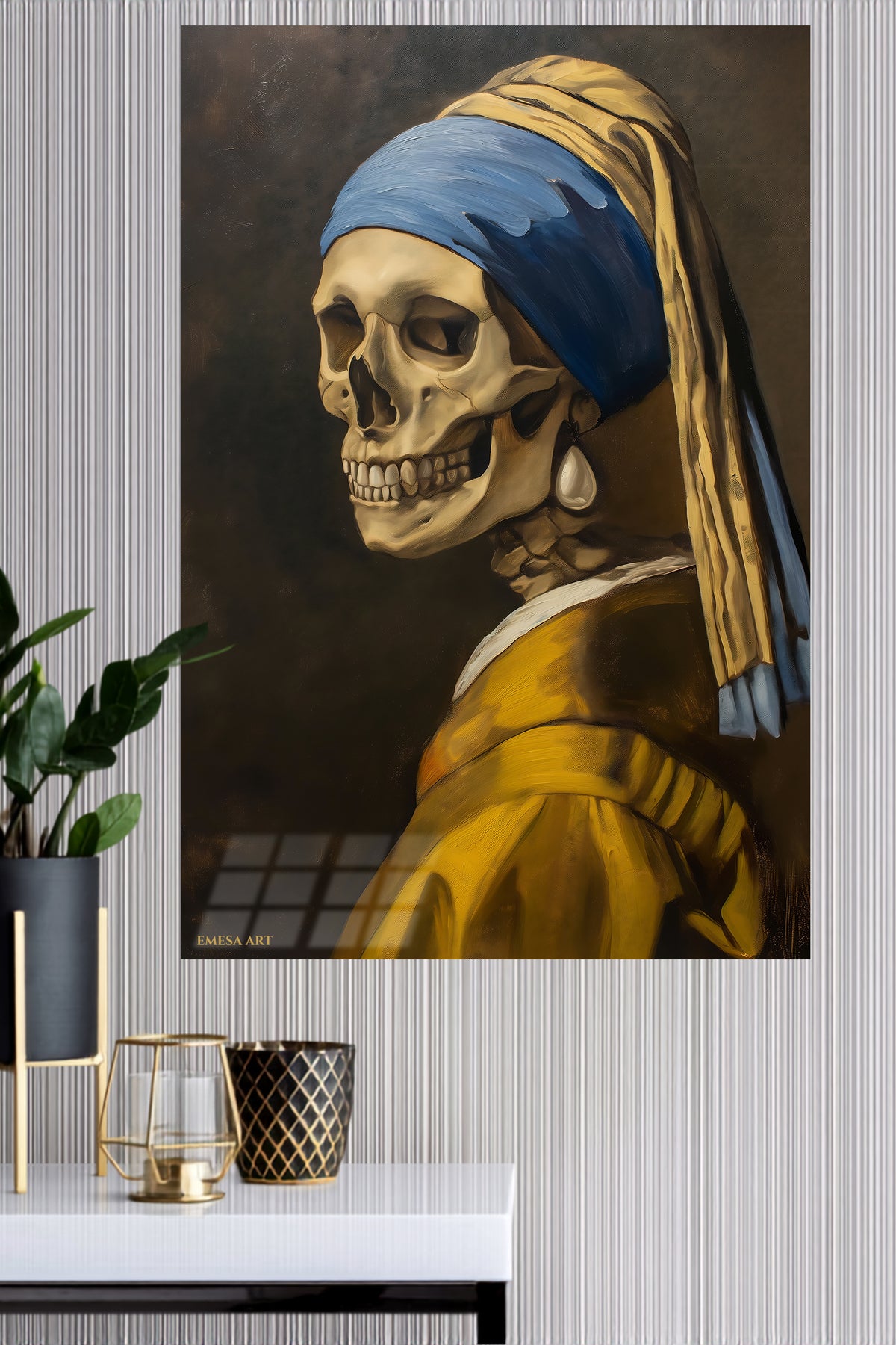 Pearl Skull Classic Portrait metal wall art displayed in a modern interior