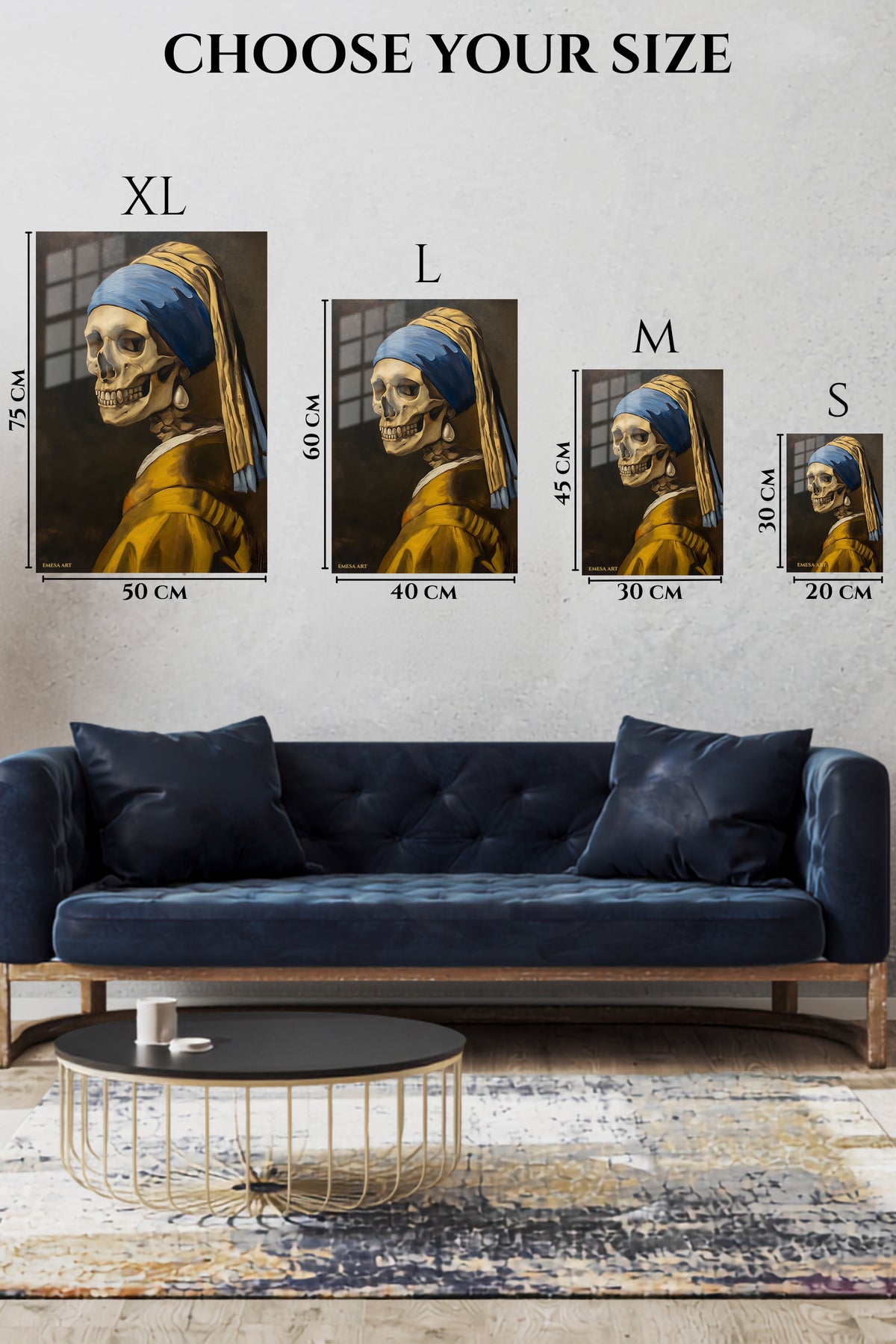 EMESA metal wall art size comparison guide for Pearl Skull Classic Portrait