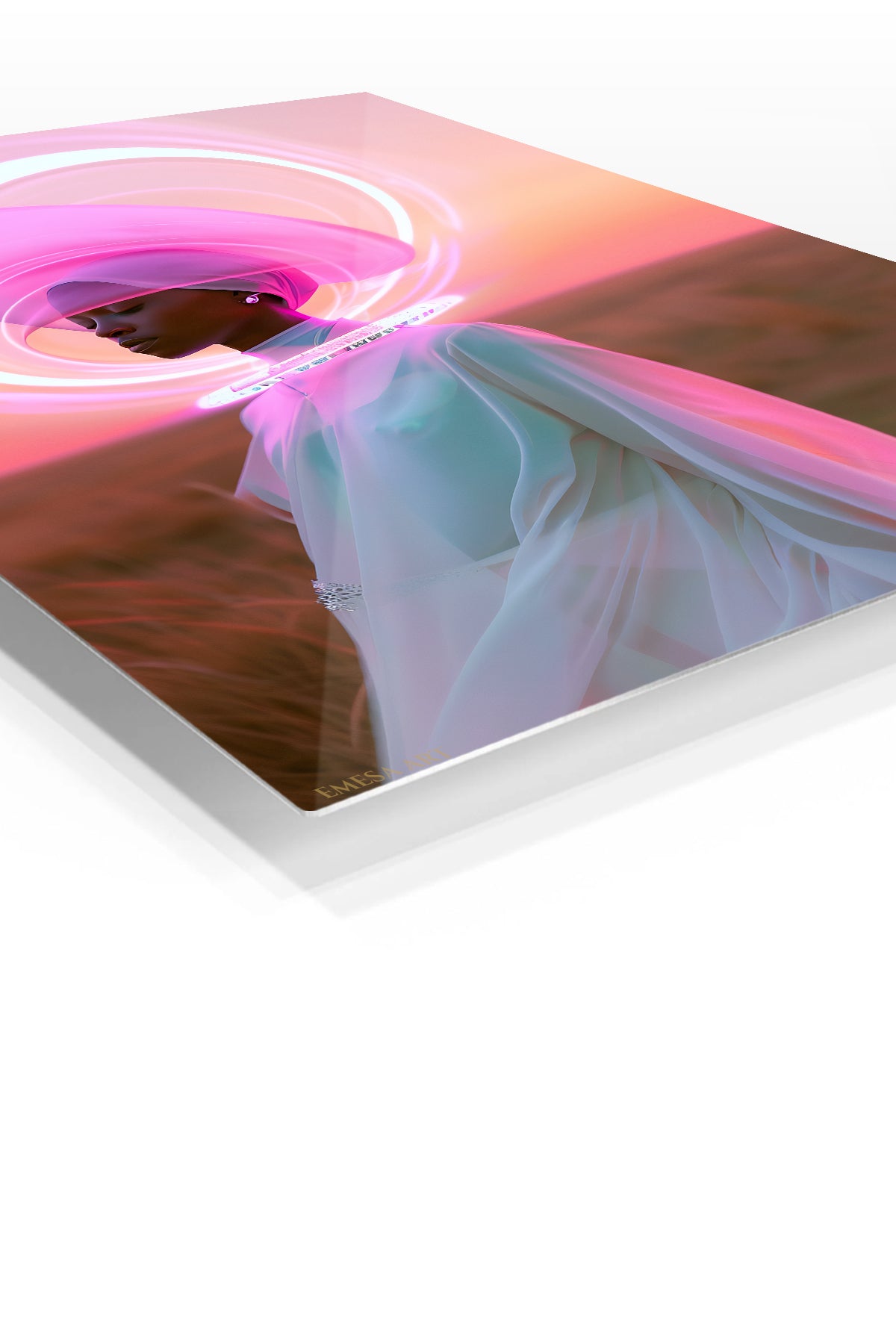 Neon Halo Future Portrait premium metal wall art – angled view