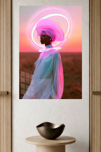 Neon Halo Future Portrait metal wall art displayed in a modern interior