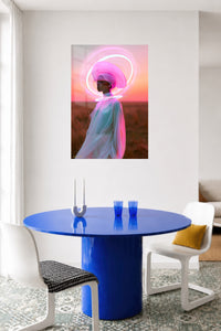 Neon Halo Future Portrait metal wall art displayed in a contemporary living space