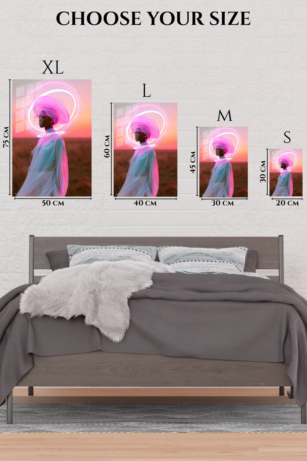 EMESA metal wall art size comparison guide for Neon Halo Future Portrait