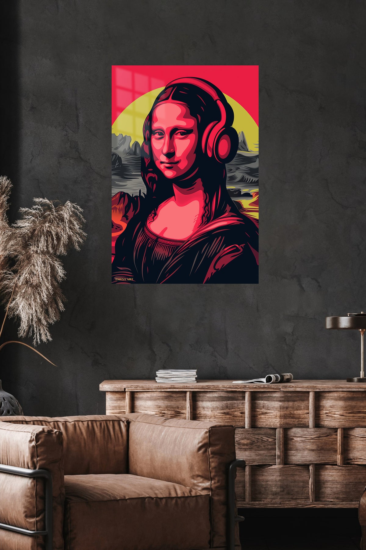 Headphones Classic Pop Portrait metal wall art displayed in a modern interior