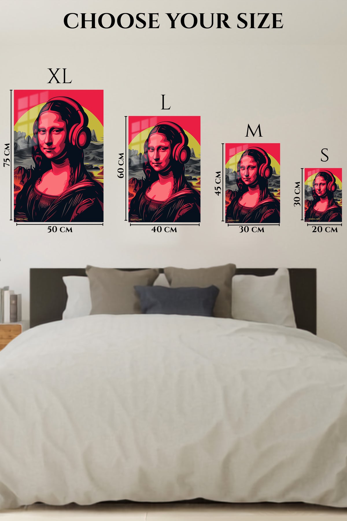 EMESA metal wall art size comparison guide for Headphones Classic Pop Portrait
