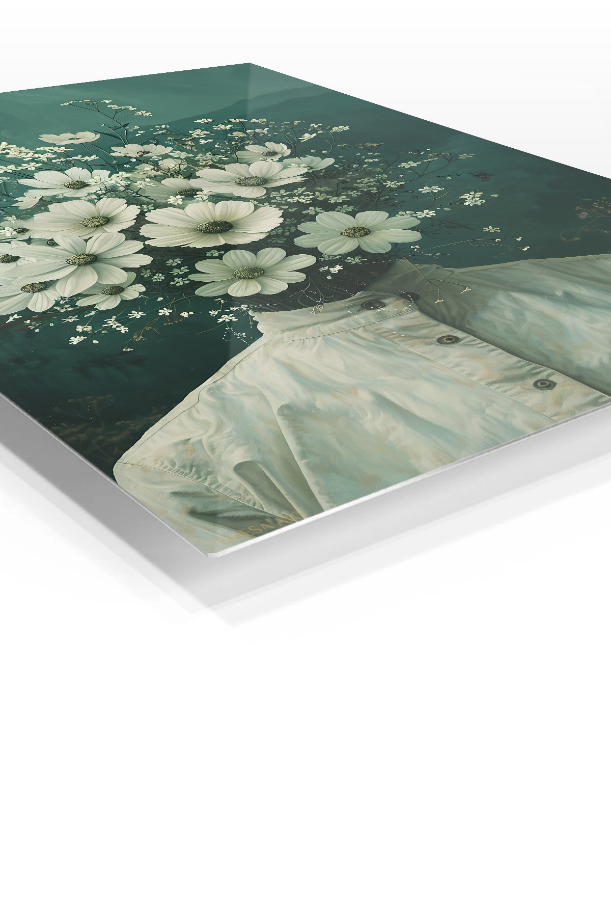Floral Head Surreal Portrait premium metal wall art – angled view