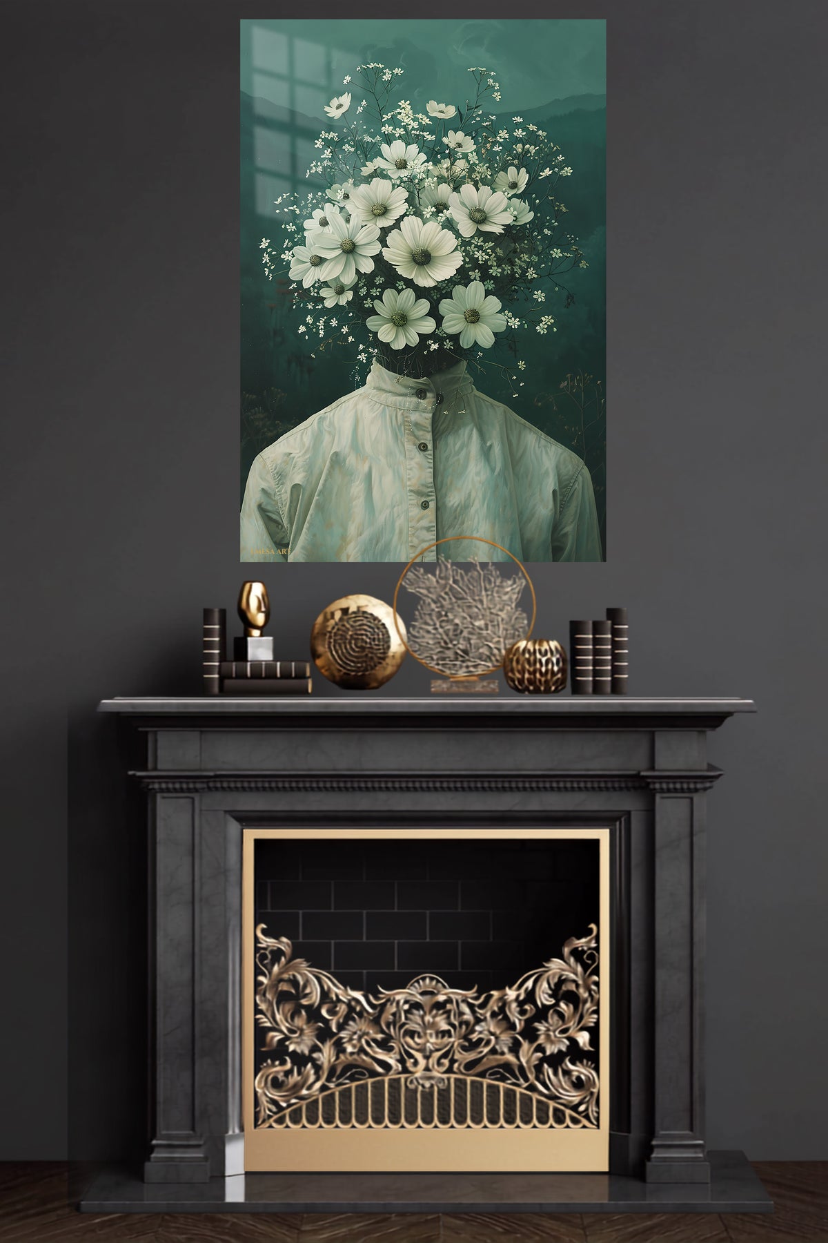 Floral Head Surreal Portrait metal wall art displayed in a modern interior