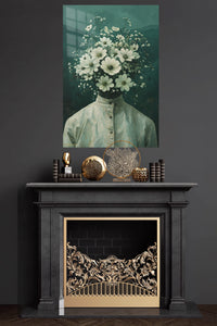 Floral Head Surreal Portrait metal wall art displayed in a modern interior