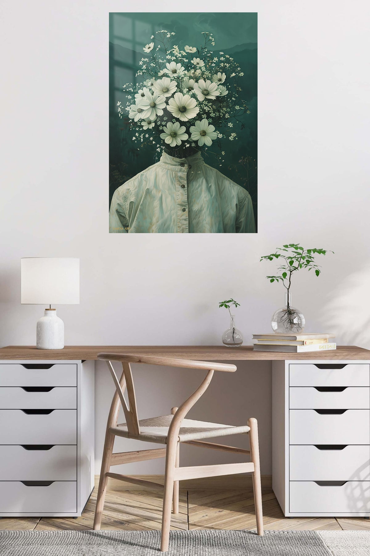 Floral Head Surreal Portrait metal wall art displayed in a contemporary living space