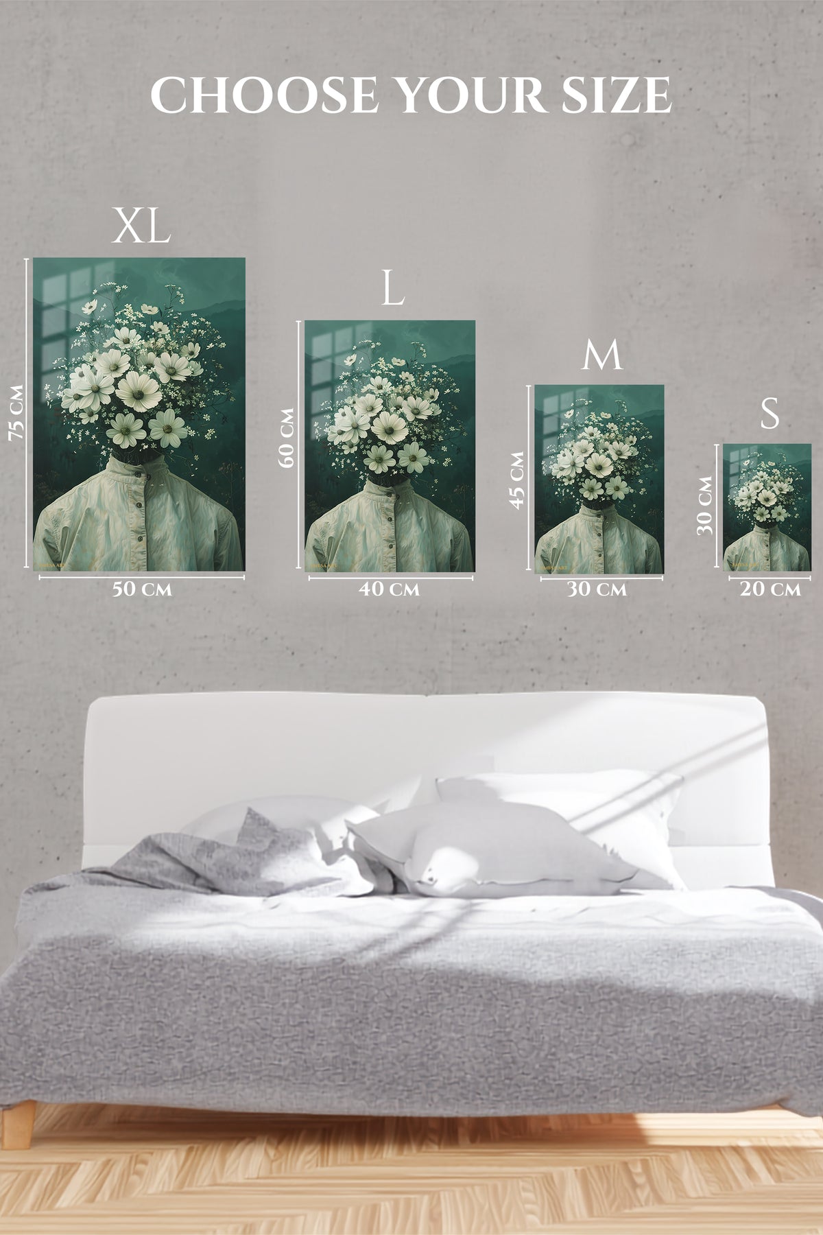 EMESA metal wall art size comparison guide for Floral Head Surreal Portrait